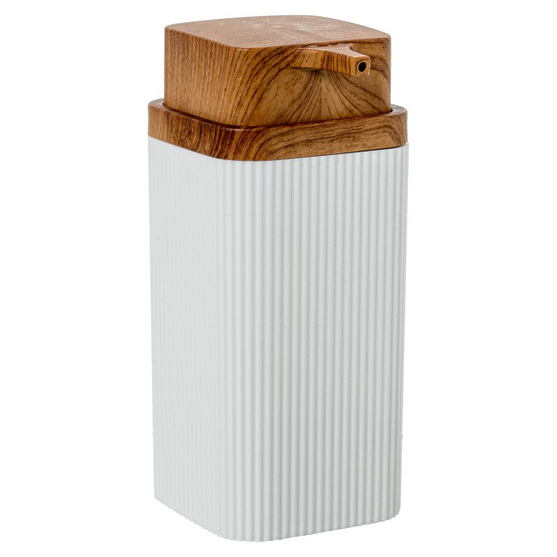 Vista lateral del dosificador de jabón acrílico blanco con tapa de madera