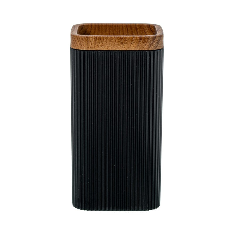 Vaso de baño acrílico negro con borde de madera sobre fondo blanco