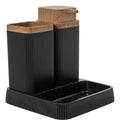 Set de baño acrílico negro con detalles en madera: dosificador, vaso y jabonera