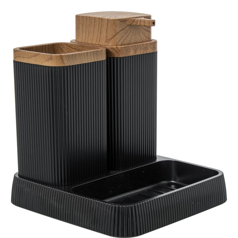 Set de baño acrílico negro con detalles en madera: dosificador, vaso y jabonera