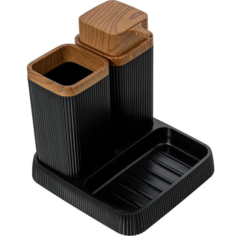 Set de baño de 3 piezas en acrílico negro y madera, vista de conjunto