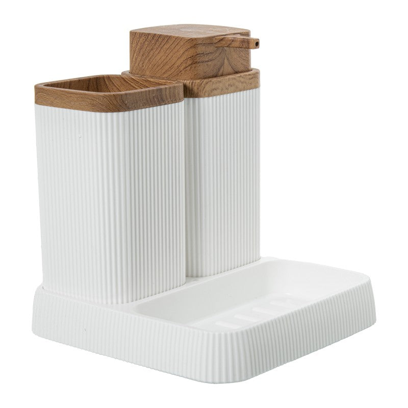 Set completo de baño con dosificador, vaso y jabonera integrada en base blanca con detalles de madera